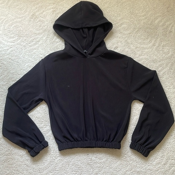 Zara Black Elastic Waist Cropped Hoodie Top- Small - Picture 1 of 4